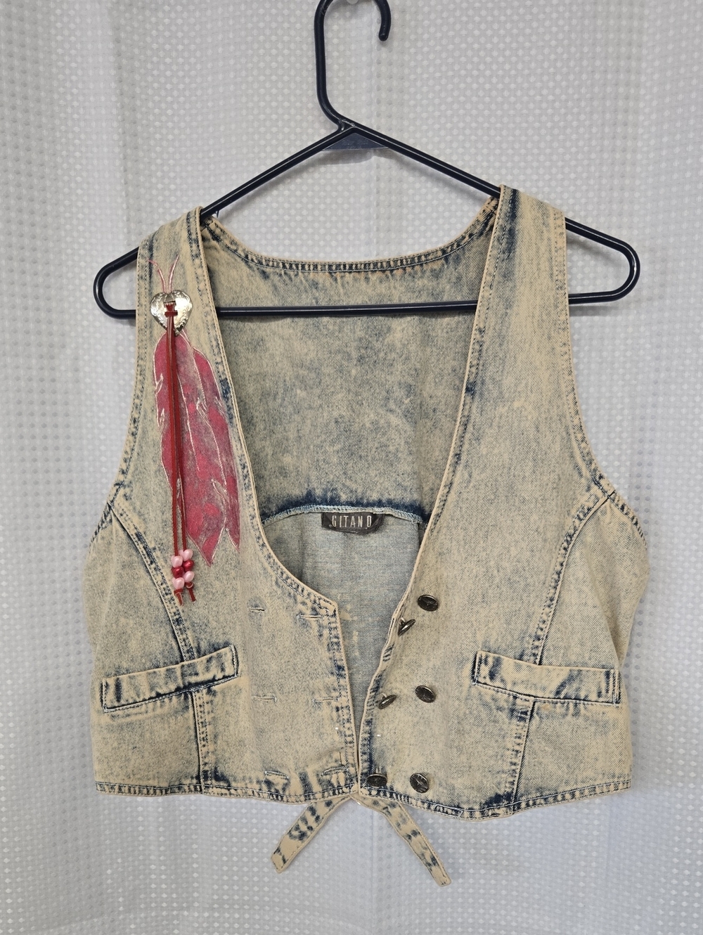 Gitano Acid Wash Denim Vest with Pink Feather Accent